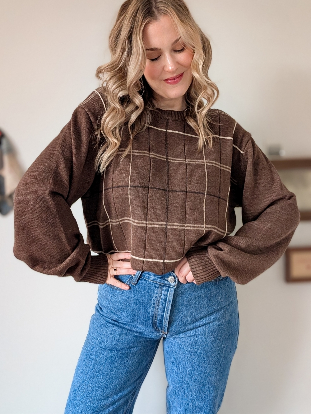 Vintage Brown Plaid Lightweight Crew Neck 90s Relaxed / Easy Fit Sweater